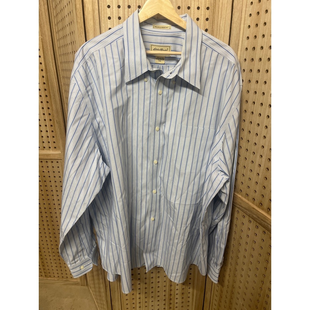 Eddie Bauer Mens XXL Blue White Striped Wrinkle Resistant Button Down Shirt‎